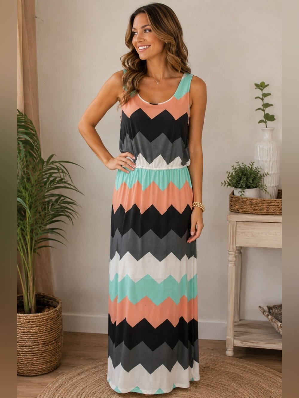 J for Justify Maxi Dress Womens 1X Chevron Stripe Sleeveless Boho Coral Mint